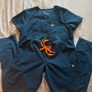 Figs Dark Turquoise Scrub Set with Bright Orange Tie